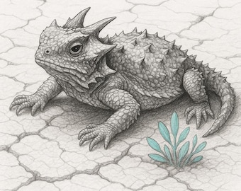 May include: A detailed pencil drawing of a horned lizard, featuring a textured, spiky body and a detailed head. The lizard is depicted on a cracked, desert-like surface, with a small cluster of blue-green plants nearby. The artwork is in grayscale.