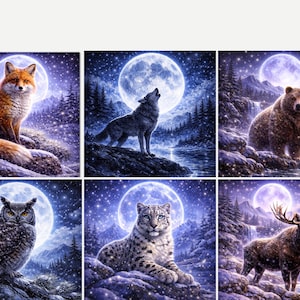 May include: Six square art prints featuring wildlife under a full moon and starry night sky. Animals include a fox, wolf, bear, owl, snow leopard, and moose. The artwork has a fantasy theme with a purple and blue color palette.