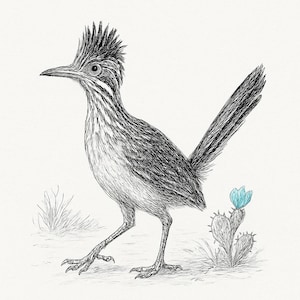 Roadrunner Sketch – Imprimé oiseaux du désert noir et blanc avec fleurs turquoise | Art mural numérique sud-ouest