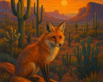 Volpe del deserto al tramonto - Stampa di animali con paesaggio desertico vibrante / Arte murale del sud-ovest / Download digitale