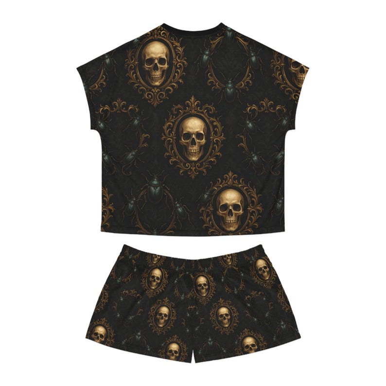 Pajama Set, Gothic Skull Beetles Pattern Women's Pajamas, Baroque Frame ...
