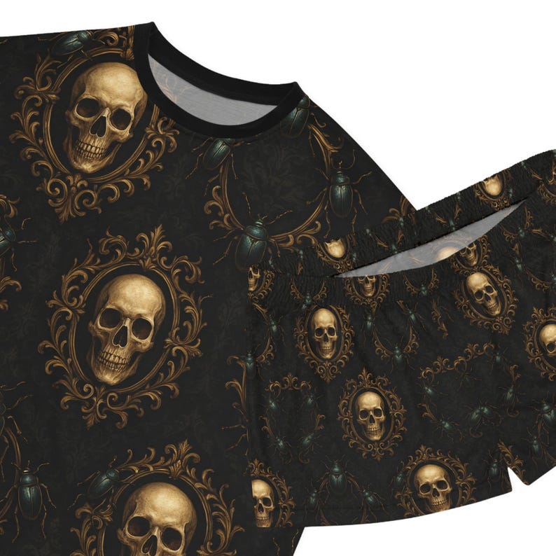 Pajama Set, Gothic Skull Beetles Pattern Women's Pajamas, Baroque Frame ...