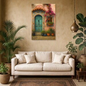 Canvas Stretched Wall Art, Blue Door and Flowers Painting, Home Decor, Floral Art Print, Housewarming Gift
