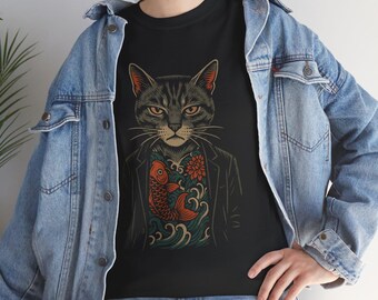 May include: Black t-shirt featuring a stylized cat wearing a suit jacket. The cat has a stern expression and a tattoo-style design of a koi fish and flowers on its chest. The design is in shades of red, orange, green, and blue.