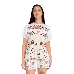 Pajama Set, Cute Kawaii Kitty Pajamas, Women&#39;s Short PJ Set, Cat Lover Sleepwear, Lounge Set for Her, Purrfect Cat PJs