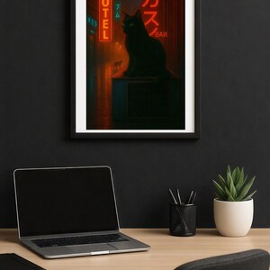 Poster, Black Cat in Rainy Night Alley with Neon Signs, Cat Lover Gift, Home Decor, Wall Art Print, Vintage Style