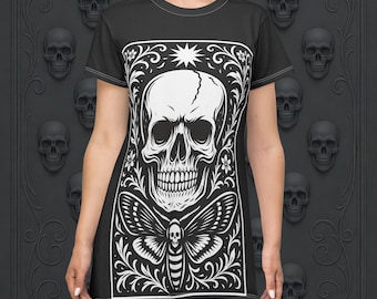 Gothic Skull & Moth T-Shirt Dress