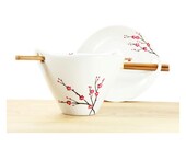 Hand Painted Bowl White  Ceramic Noodle Bowl  Asian cherry tree design pink black botanical minimalist kitchen decor serving dish