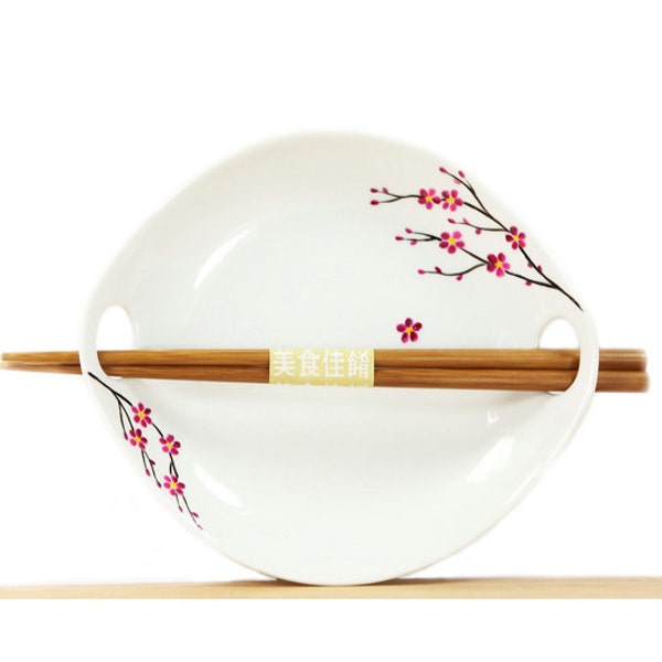 Hand painted White ceramic Individual Serving Dish With Chopstics Modern Asian Blooming Cherry Design Plate Kitchen Decor Minimal