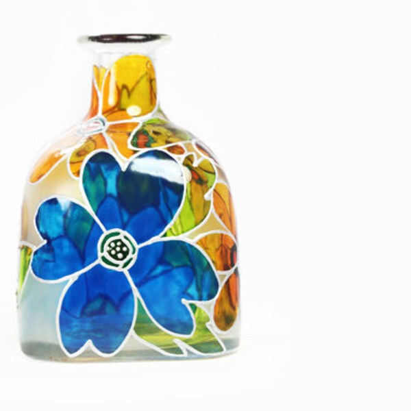 Hand Painted "Patron" Bottle Glass Bottle White Yellow Blue Flowers Abstract Retro Home Decor Decorative Glass Art