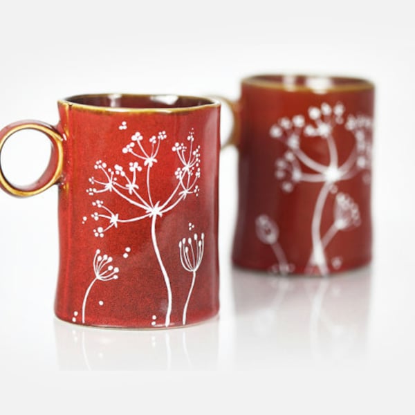 Handbemalte Tassen braun rustikal Herbst Herbst Kaffeetassen Queen Anne's Lace Design Minimal Küche Dekor - Satz von 2 Becher