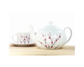 White Ceramic Teapot hand painted blooming cherry tree pink black minimal modern botanical kitchen decor decorative art