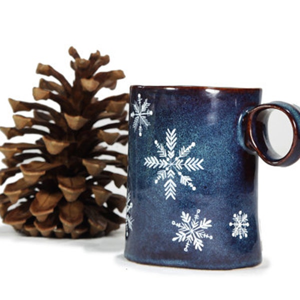 Hand Painted Ceramic Mug Navy Blue Winter Snowflakes Rustic Coffee Mug Minimal Kitchen Decor