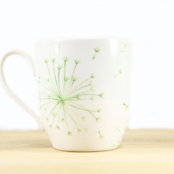 Hand Painted Ceramic Coffee Mug Tea Cup Green Dandelion Botanical Design Minimalist White  Modern Kitchen Decor Decorative Art