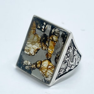 May include: A silver ring with a rectangular face. The face features a mosaic of brown, tan, and gray stones set in a clear resin. The ring's band has an ornate, engraved design.