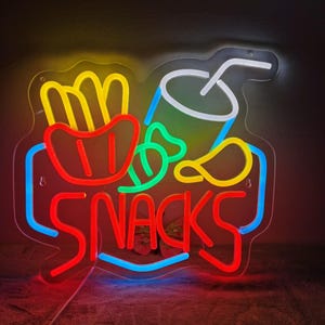 Snacks Enseigne néon pour décoration murale Alimenté par USB pour restauration rapide Lumière LED pour cuisine, décoration de restaurant, art mural coloré de frites et de boissons
