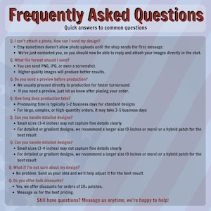 May include: A graphic with the title "Frequently Asked Questions" in a stylized font. The text provides answers to common questions about design uploads, file formats, production previews, and bulk discounts.