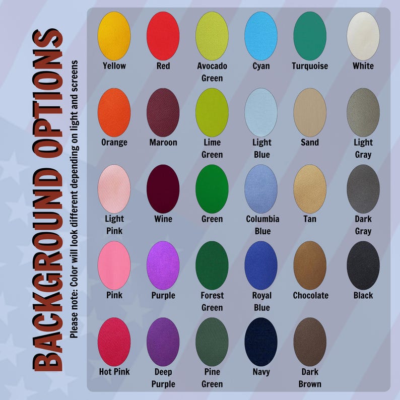 May include: A color chart displaying a variety of background options. The chart features a grid of colored circles, including yellow, red, green, blue, and purple hues. Text on the left reads "BACKGROUND OPTIONS". The text "Please note: Color will look different depending on light and screens" is also present.