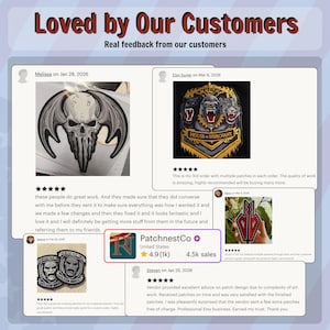 May include: Image showcasing customer reviews for PatchnestCo. The reviews feature embroidered patches with various designs, including a skull with wings, a gorilla, and a tiger. The text "Loved by Our Customers" and "Real feedback from our customers" are displayed at the top.