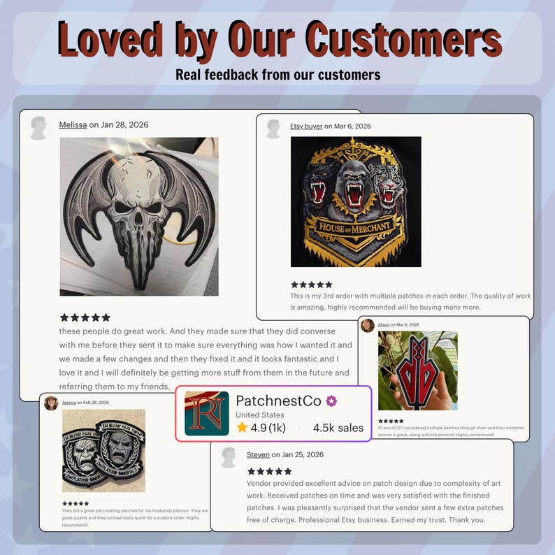 May include: Image showcasing customer reviews for PatchnestCo. The reviews feature embroidered patches with various designs, including a skull with wings, a gorilla, and a tiger. The text "Loved by Our Customers" and "Real feedback from our customers" are displayed at the top.