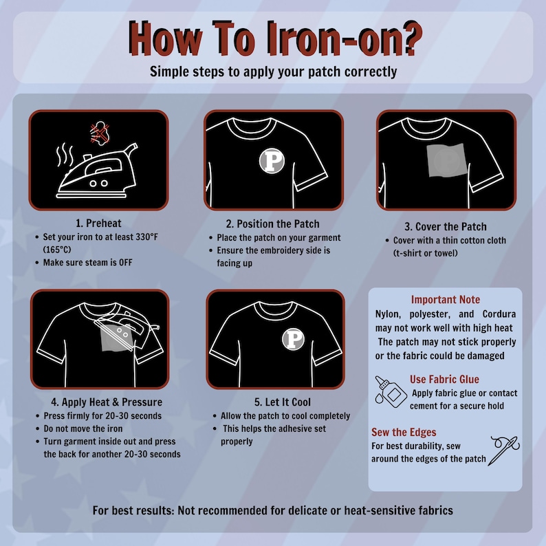 Pu&ograve; includere: Un grafico didattico intitolato "How To Iron-on?" mostra i passaggi per applicare le toppe. Include il preriscaldamento del ferro, il posizionamento della toppa, la copertura con un panno, l'applicazione di calore e il raffreddamento. Fornisce anche note sui tipi di tessuto e sulla colla.