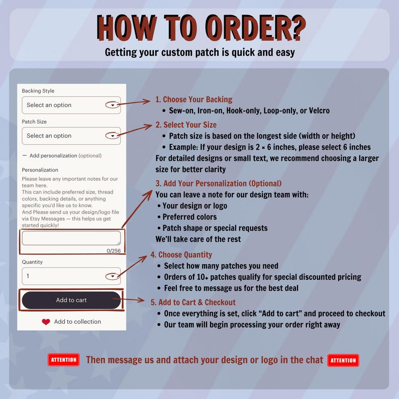 May include: A graphic with instructions on how to order custom patches. The steps include choosing backing, size, and adding personalization. The image also shows how to add the item to the cart and checkout.