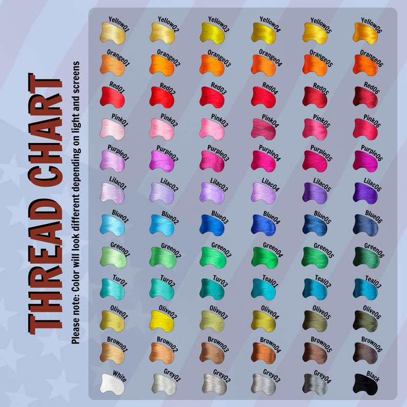 May include: A thread chart with a variety of colors, including yellow, orange, red, pink, purple, lilac, blue, green, teal, olive, brown, grey, white, and black. The chart is labeled "THREAD CHART" with a note about color variation on different screens.