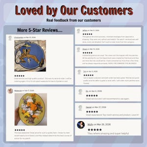 May include: A graphic showcasing customer reviews with a 5-star rating. The text "Loved by Our Customers" is at the top. Reviews include comments about patch quality and service. One review mentions a 12-inch patch.