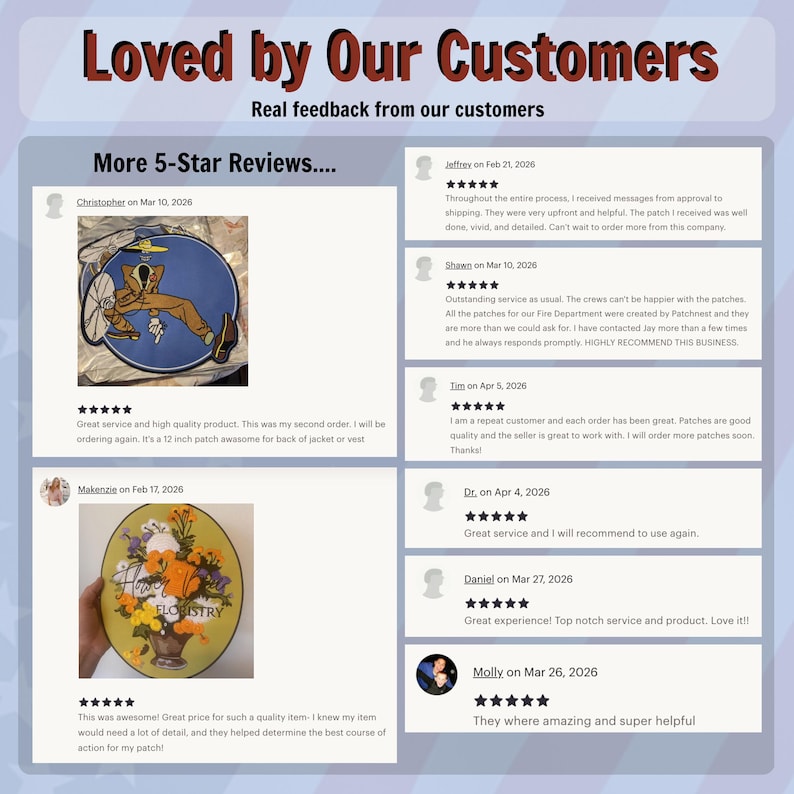 May include: A graphic showcasing customer reviews with a 5-star rating. The text "Loved by Our Customers" is at the top. Reviews include comments about patch quality and service. One review mentions a 12-inch patch.