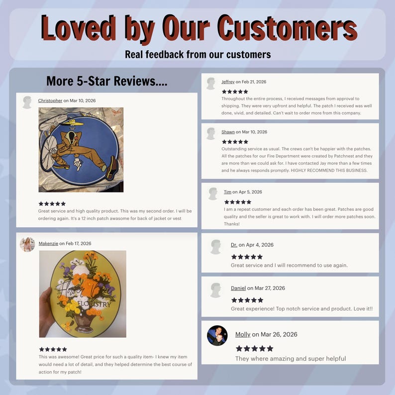 Pu&ograve; includere: Grafica che mostra le recensioni dei clienti con una valutazione a 5 stelle. Il testo "Loved by Our Customers" &egrave; in alto. Le recensioni menzionano la qualit&agrave; e il servizio delle toppe. Una recensione menziona una toppa da 30,5 cm.