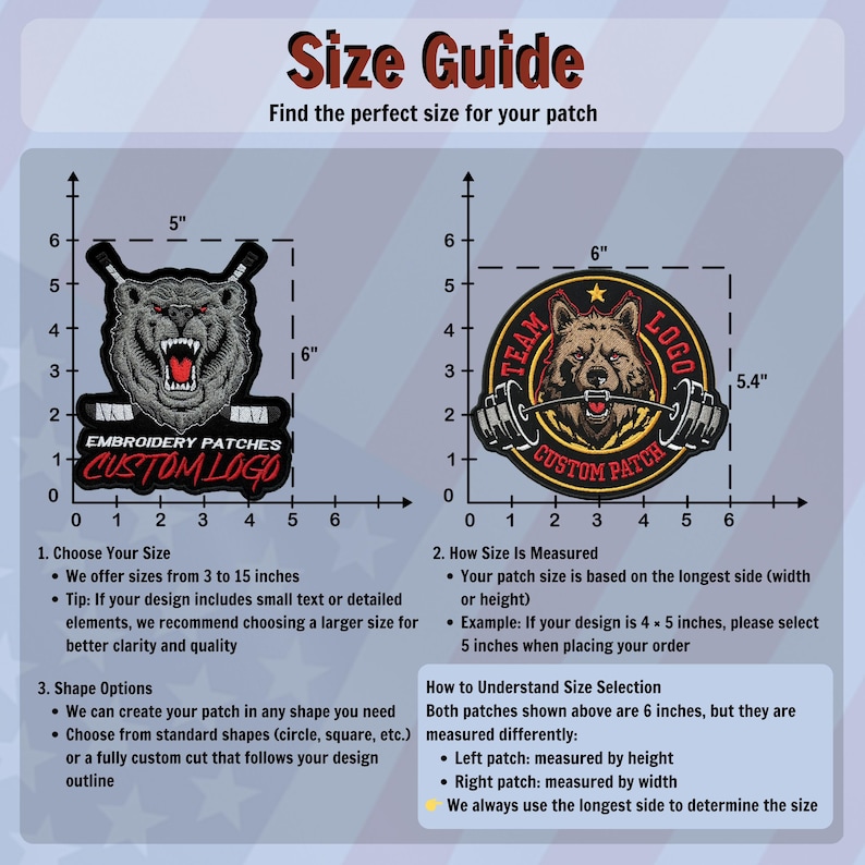 May include: Size guide graphic for custom embroidered patches. Includes two examples: a bear head with hockey sticks and a bear with weights. Text explains size selection, offering sizes from 3 to 15 inches. The patches are 6 inches in size.