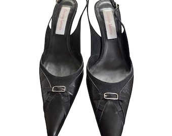 Vintage Christian Lacroix Black Leather Slingback Heels Pointed Toe Italy Sz40.5