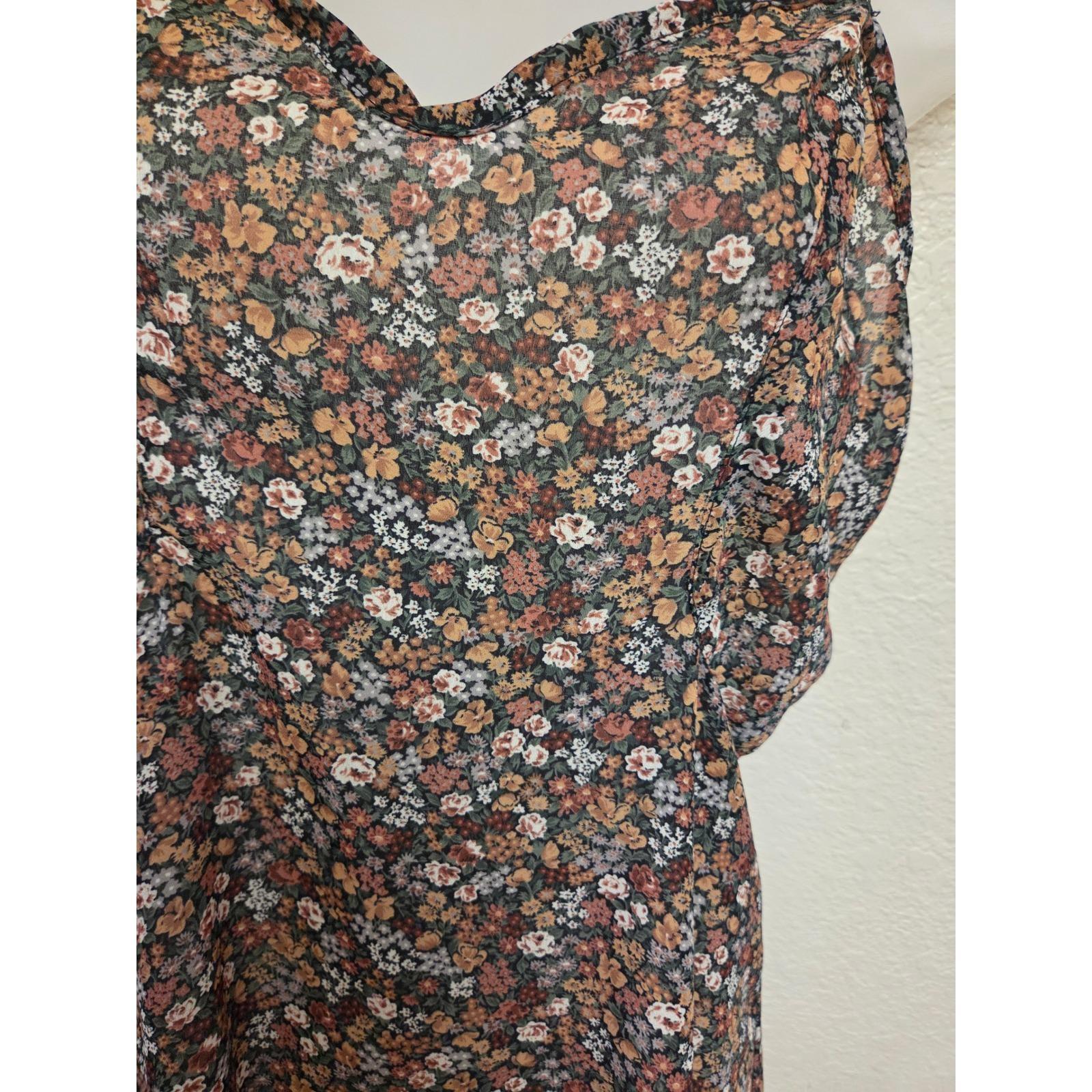 Ditsy Floral Print Cami Dress Mini Brown Sleeveless Casual Vintage 90s