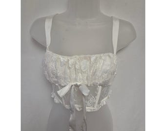 For Love & Lemons White Lace Corset Crop Top Bustier Sequin Ribbon Tie Medium