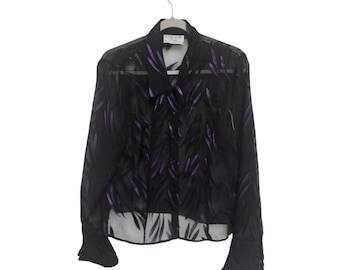 Vintage jaren 90 Leslie Belle Petite zwart-paarse doorschijnende doorschijnende blousetop met bladerdeeg