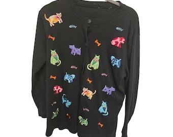Novelty Cat Dog Embroidered Cardigan Sweater Whimsical Petcore