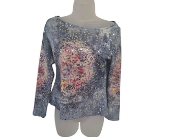 Top de manga larga con cuello barco y lentejuelas florales azules para mujer de Mesmerize, talla mediana, estilo Y2K