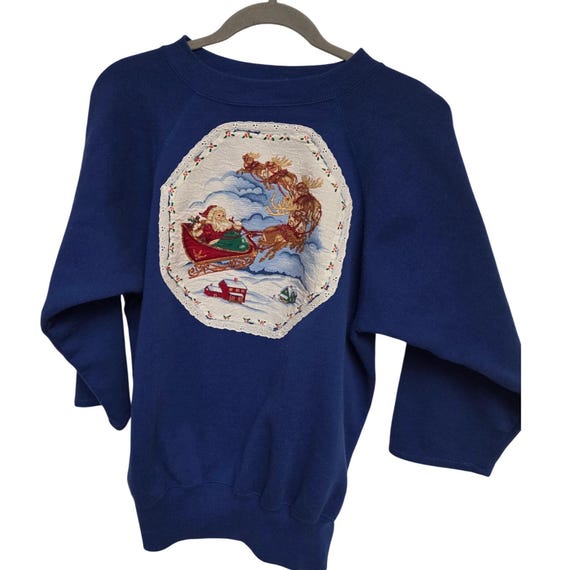 90s ULTRA SWEATS Vintage Blue Christmas Santa Reindeer Sweatshirt Size L