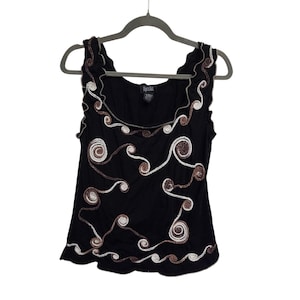 90s Vintage Objects D'Art Embroidered Tank Top Sleeveless Black Top Size L