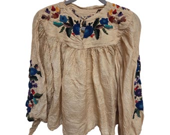 Vintage 70s Embroidered Peasant Blouse Floral Bohemian Boho Chic Size M