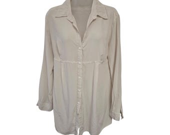 Spiegel Womens 100% Seide Button Down Tunika Shirt Creme Elfenbein Langarm Größe 12