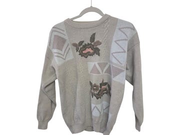 Suéter vintage de punto Faralee color beige con estampado floral geométrico, talla mediana, manga larga, estilo años 90.
