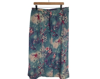 Signatures Jeffrey Banks 100% Silk Tropical Floral Midi Skirt Teal Plus 1X