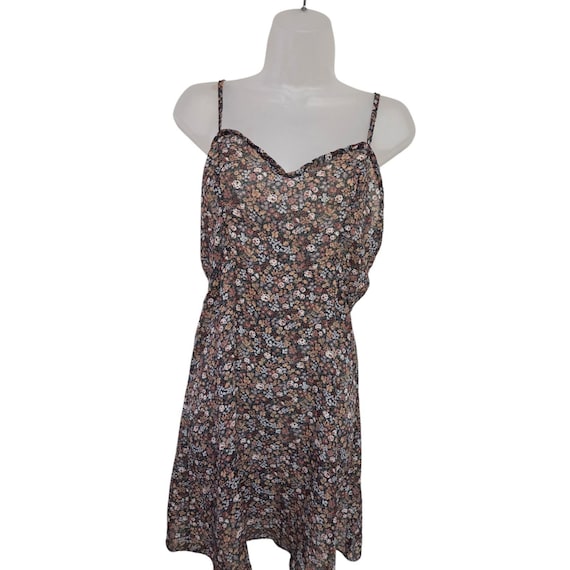 Ditsy Floral Print Cami Dress Mini Brown Sleeveless Casual Vintage 90s