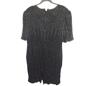 Vintage 80s Laurence Kazar New York 3X Black Sequin Beaded 100% Silk Dress