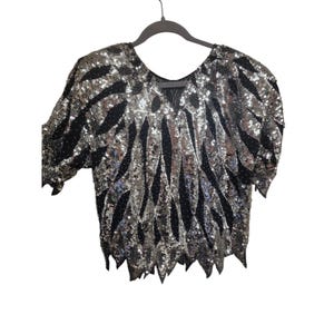Sequin Embellished Top Party Cocktail Blouse Short Sleeve Silver Black Vintage