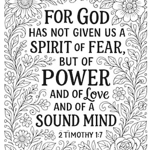 2 Timothy 1:7 Bible Verse Coloring Page - Christian Scripture Printable - Floral Faith Art - 8.5x11 Instant Download