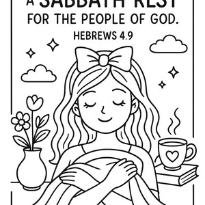 Op de afbeelding: Zwart-wit illustratie met tekst. Een vrouw met een strik en lang haar is in een deken gewikkeld, ogen gesloten. Tekst luidt: "SO THEN, THERE REMAINS A SABBATH REST FOR THE PEOPLE OF GOD. HEBREWS 4.9". Bevat een vaas en een kopje.