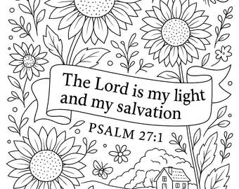 Psalm 27:1 Sunflower Coloring Page | Christian Scripture Coloring Sheet | Faith-Based Floral Printable | Woven and Washed