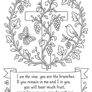 Könnte beinhalten: Schwarz-weiße Illustration mit einem Kreuz, Weinreben mit Trauben, einem Schmetterling und einem Vogel. Ein Banner am unteren Rand zeigt den Text "Ich bin der Weinstock; ihr seid die Reben..." aus Johannes 15,5.
